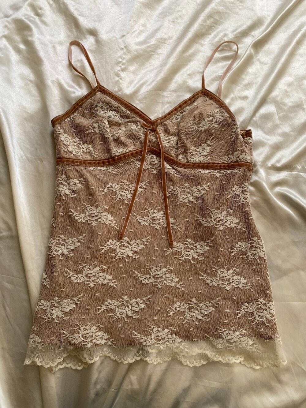 Vintage y2k White Lace Velvet Bow Cami Boho Coquette Fairycore Medium